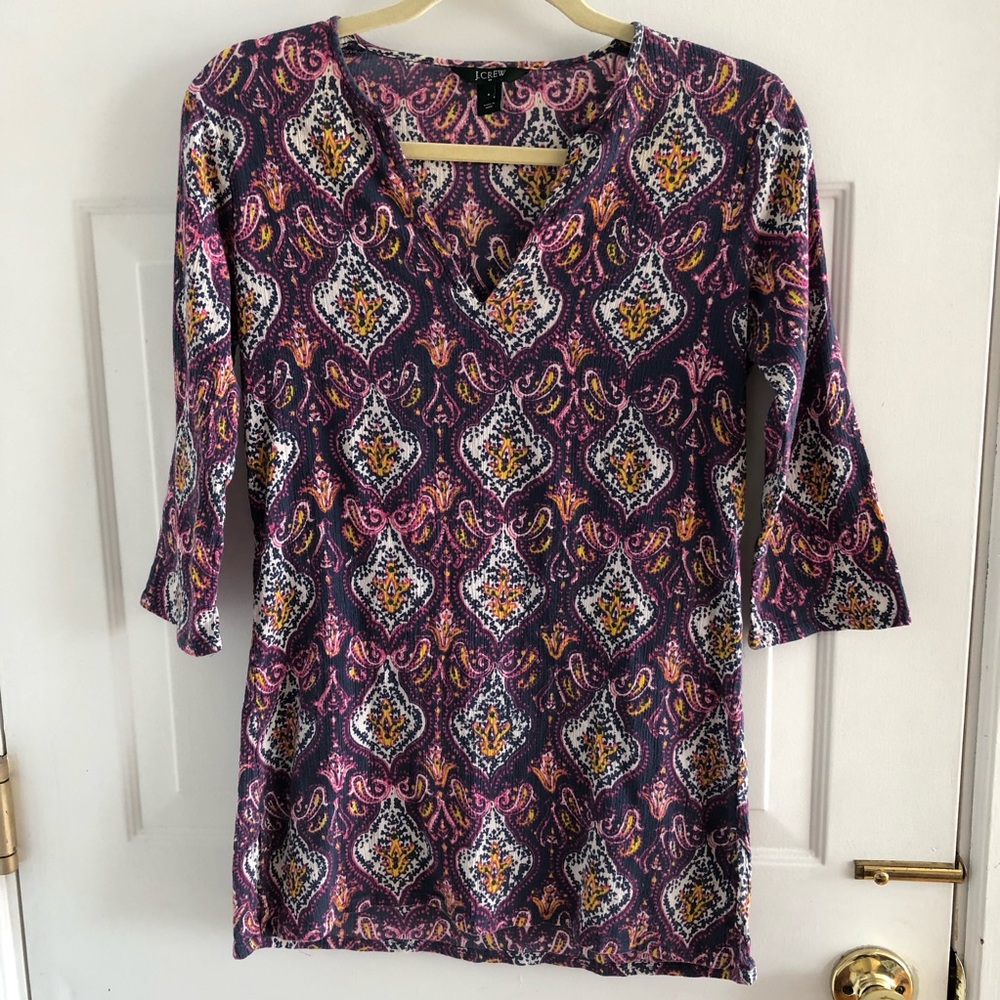 JCrew Factory cotton gauzy paisley tunic with flared 3/4 sleeve and split hem